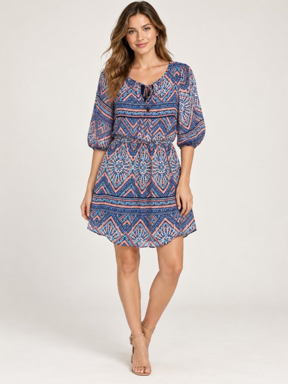 En Focus Petites Size 12P Geometric Print Mini Dress Blue Coral Tie Neck